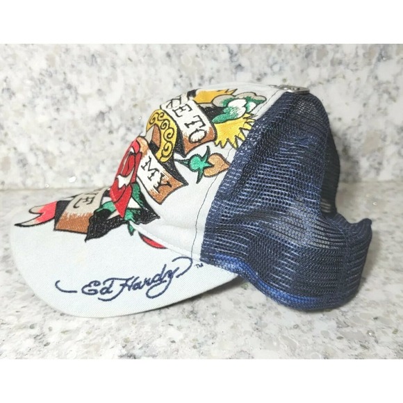 Don Ed Hardy Mesh Trucker Hat Cap True to My Love Two Tone Denim Gray Vintage - Picture 4 of 8